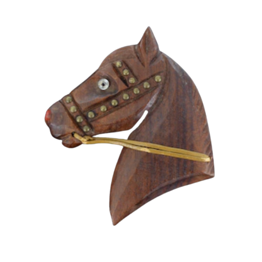 Vintage Carved Horse Head Wood Brooch